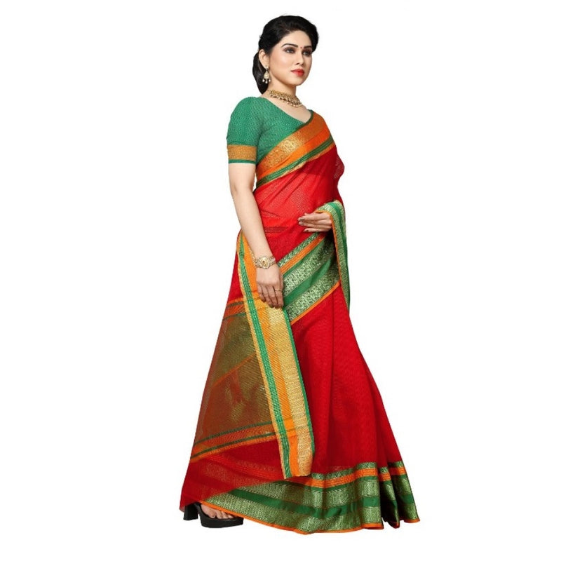 Mayawye Women's Kota Doria Cotton Border Saree With Blouse (Red, 5-6 Mtrs)