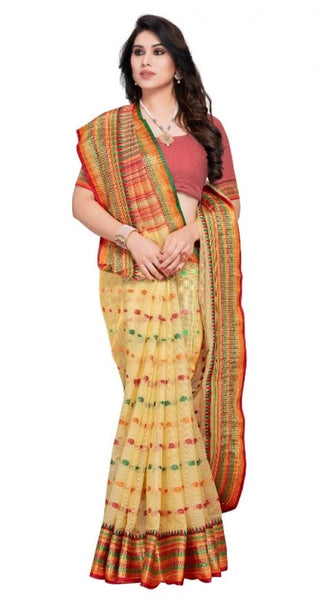 Mayawye Women's Kota Doria Cotton Woven Butta Saree With Blouse (Beige, 5-6 Mtrs)