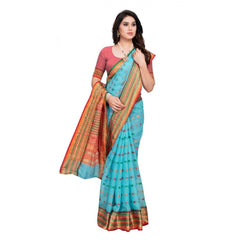Mayawye Women's Kota Doria Cotton Woven Butta Saree With Blouse (Sky Blue, 5-6 Mtrs)