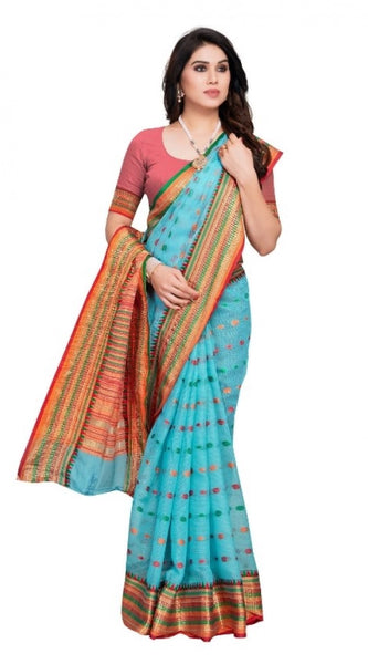 Mayawye Women's Kota Doria Cotton Woven Butta Saree With Blouse (Sky Blue, 5-6 Mtrs)