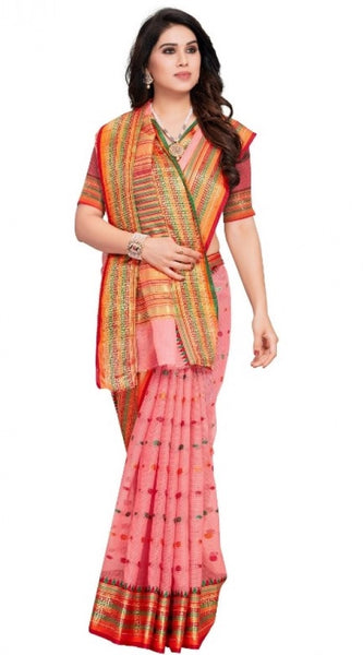 Mayawye Women's Kota Doria Cotton Woven Butta Saree With Blouse (Pink, 5-6 Mtrs)