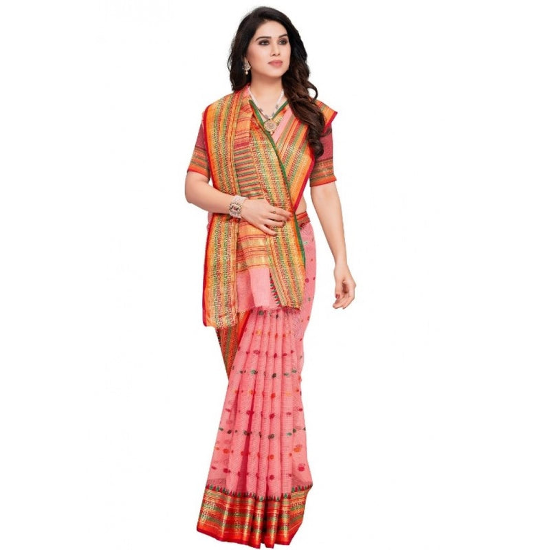 Mayawye Women's Kota Doria Cotton Woven Butta Saree With Blouse (Pink, 5-6 Mtrs)