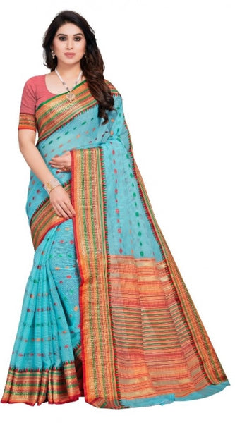 Mayawye Women's Kota Doria Cotton Woven Butta Saree With Blouse (Sky Blue, 5-6 Mtrs)