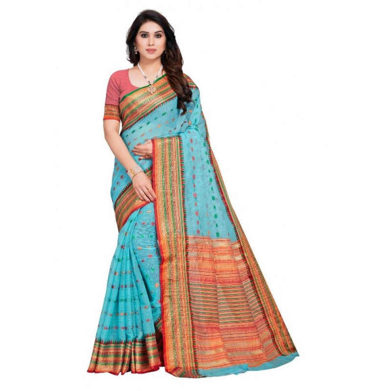 Mayawye Women's Kota Doria Cotton Woven Butta Saree With Blouse (Sky Blue, 5-6 Mtrs)