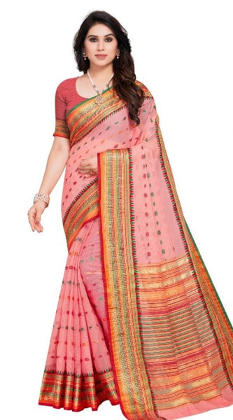 Mayawye Women's Kota Doria Cotton Woven Butta Saree With Blouse (Pink, 5-6 Mtrs)