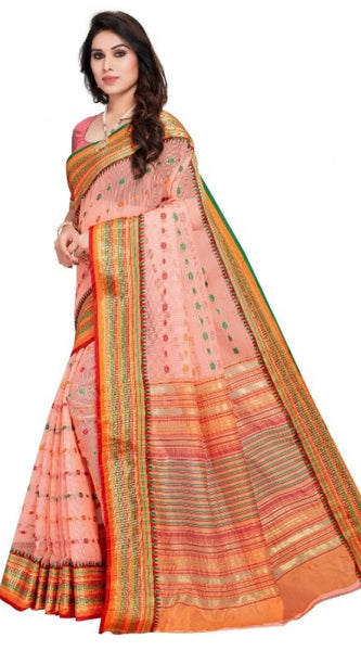 Mayawye Women's Kota Doria Cotton Woven Butta Saree With Blouse (Peach, 5-6 Mtrs)