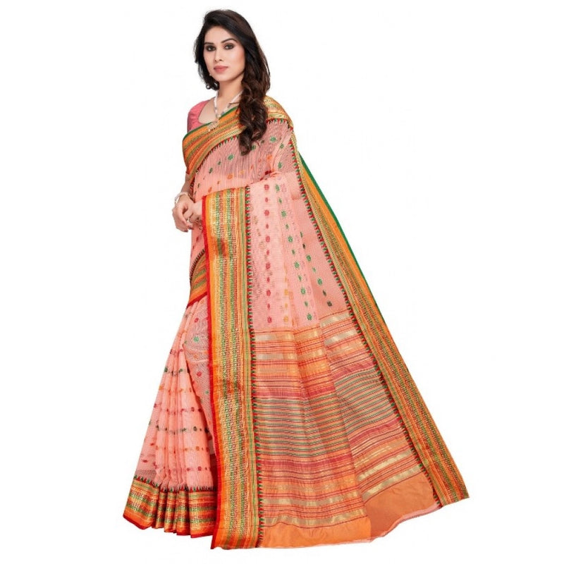 Mayawye Women's Kota Doria Cotton Woven Butta Saree With Blouse (Peach, 5-6 Mtrs)