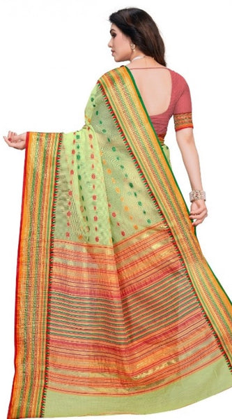 Mayawye Women's Kota Doria Cotton Woven Butta Saree With Blouse (Light Green, 5-6 Mtrs)