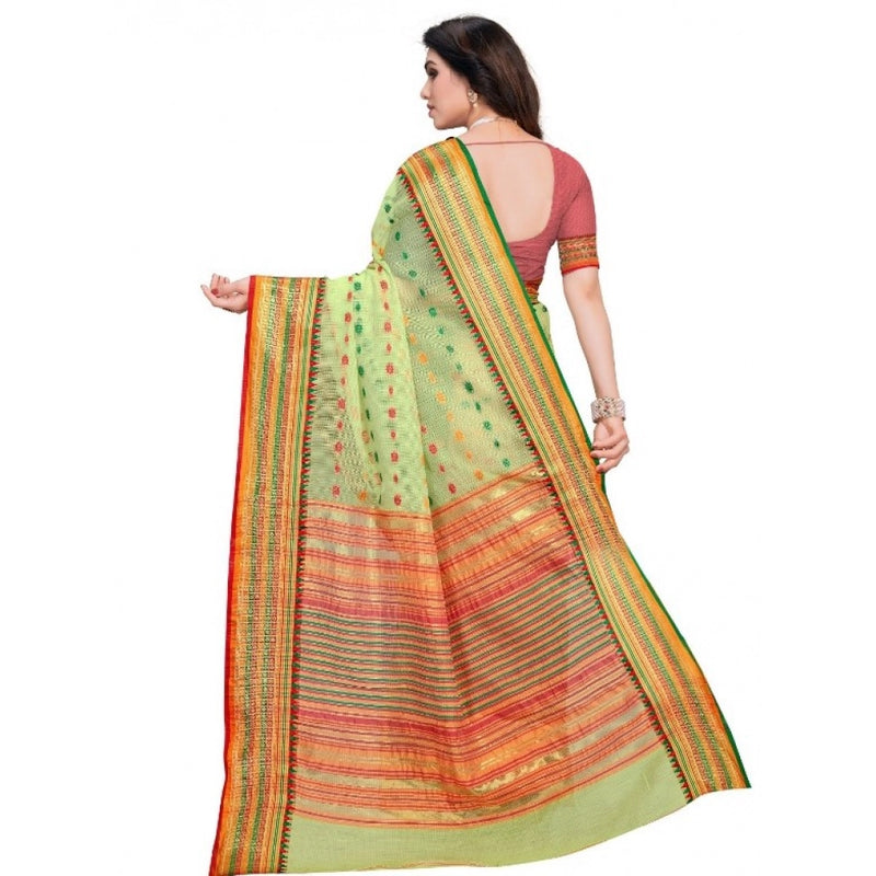 Mayawye Women's Kota Doria Cotton Woven Butta Saree With Blouse (Light Green, 5-6 Mtrs)