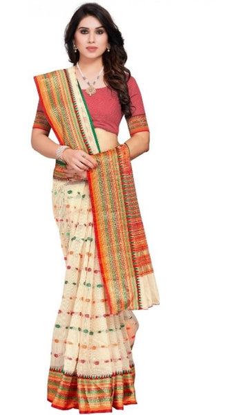 Mayawye Women's Kota Doria Cotton Woven Butta Saree With Blouse (Cream, 5-6 Mtrs)