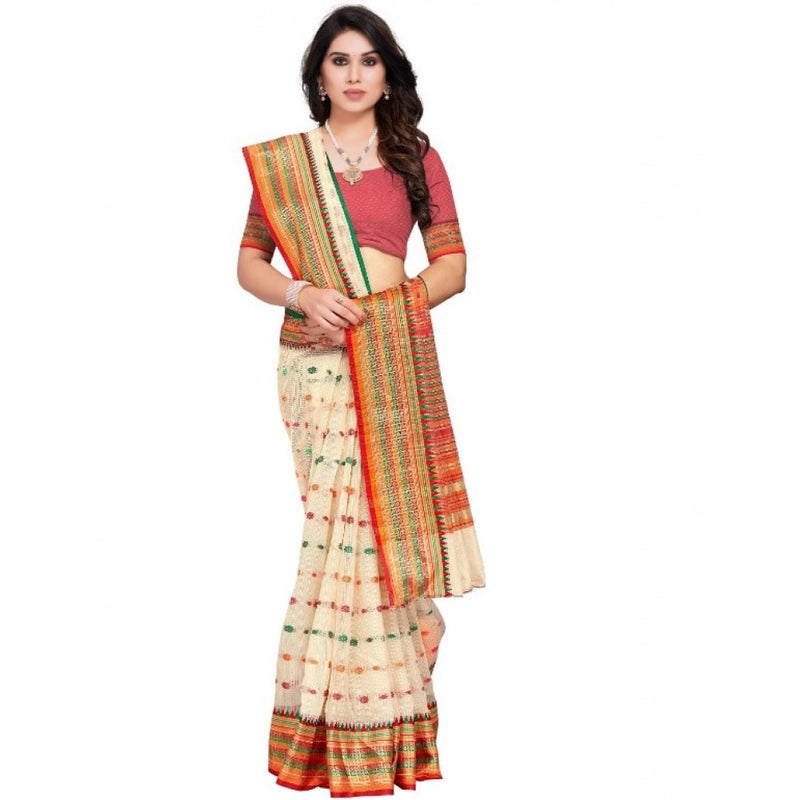 Mayawye Women's Kota Doria Cotton Woven Butta Saree With Blouse (Cream, 5-6 Mtrs)