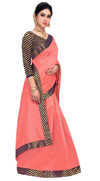 Mayawye Women's Chanderi Cotton Lace Border Saree With Blouse (Peach, 5-6 Mtrs)