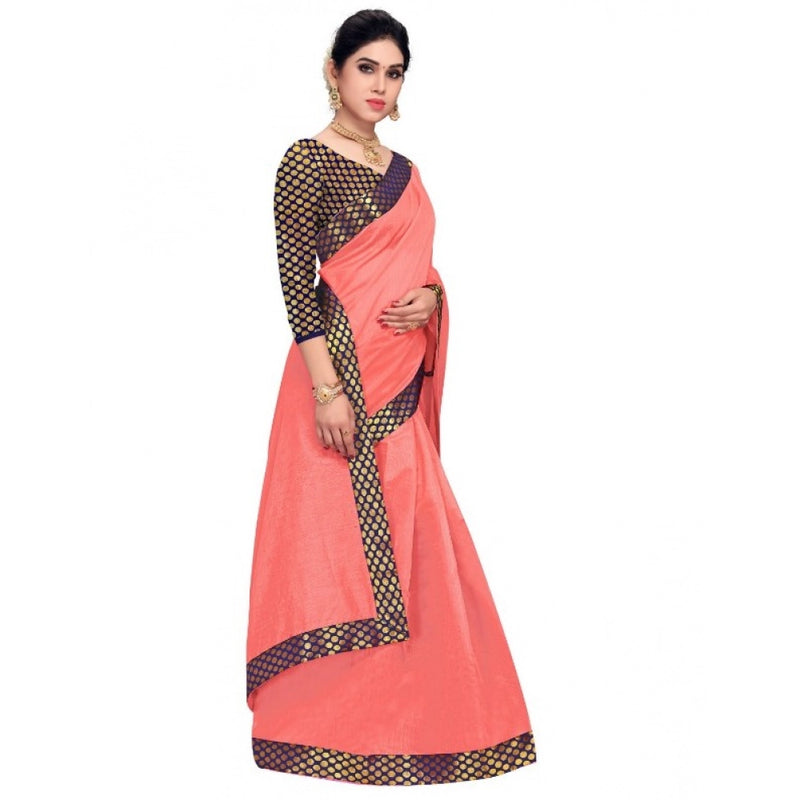Mayawye Women's Chanderi Cotton Lace Border Saree With Blouse (Peach, 5-6 Mtrs)