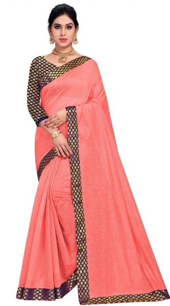 Mayawye Women's Chanderi Cotton Lace Border Saree With Blouse (Peach, 5-6 Mtrs)