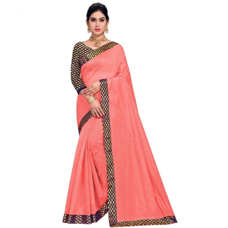 Mayawye Women's Chanderi Cotton Lace Border Saree With Blouse (Peach, 5-6 Mtrs)