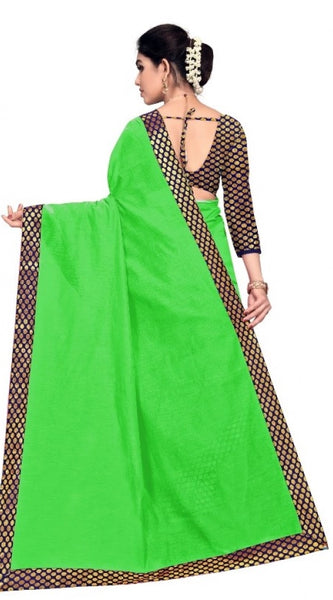 Mayawye Women's Chanderi Cotton Lace Border Saree With Blouse (Green, 5-6 Mtrs)