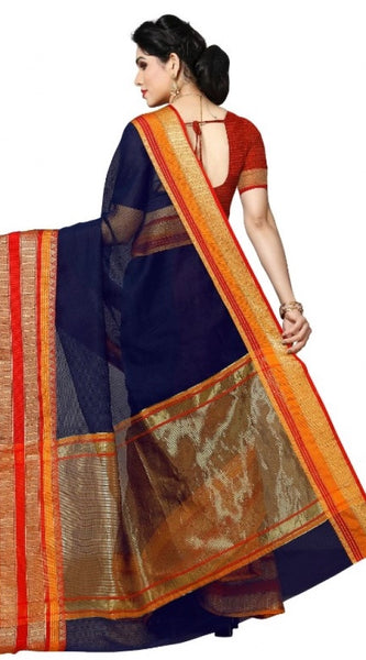 Mayawye Women's Kota Doria Cotton Border Saree With Blouse (Navy Blue, 5-6 Mtrs)