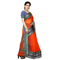 Mayawye Women's Kota Doria Cotton Border Saree With Blouse (Fanta, 5-6 Mtrs)
