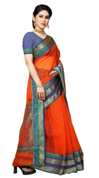 Mayawye Women's Kota Doria Cotton Border Saree With Blouse (Fanta, 5-6 Mtrs)