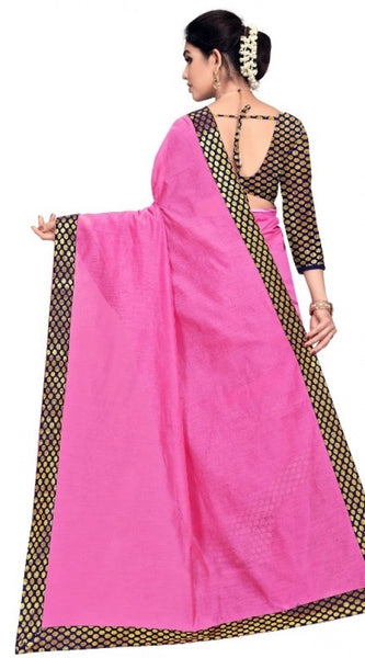 Mayawye Women's Chanderi Cotton Lace Border Saree With Blouse (Pink, 5-6 Mtrs)