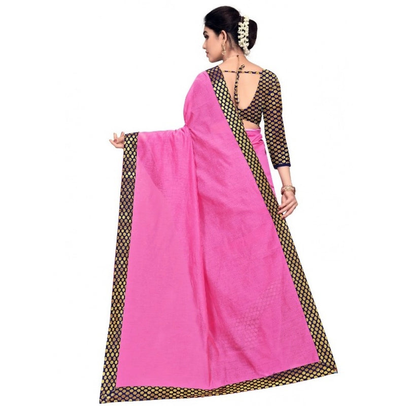Mayawye Women's Chanderi Cotton Lace Border Saree With Blouse (Pink, 5-6 Mtrs)