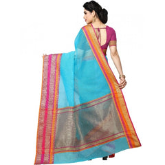Mayawye Women's Kota Doria Cotton Border Saree With Blouse (Sky Blue, 5-6 Mtrs)