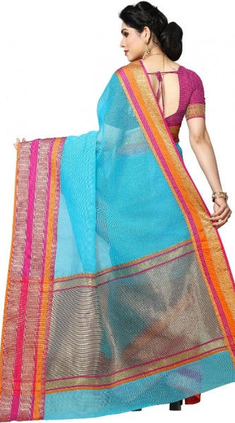 Mayawye Women's Kota Doria Cotton Border Saree With Blouse (Sky Blue, 5-6 Mtrs)