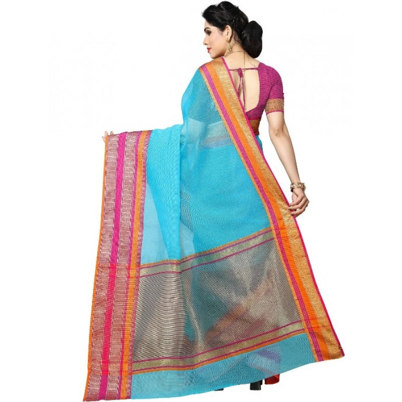 Mayawye Women's Kota Doria Cotton Border Saree With Blouse (Sky Blue, 5-6 Mtrs)
