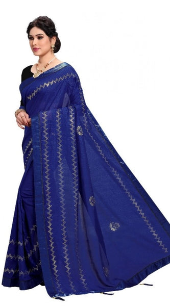 Mayawye Women's Vichitra Silk HotFix Stone Work Saree With Blouse (Blue, 5-6 Mtrs)