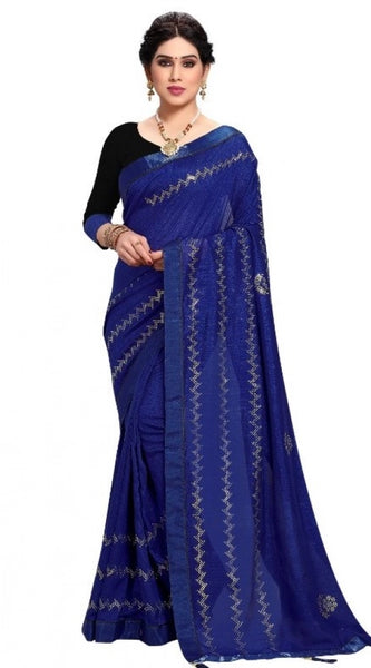 Mayawye Women's Vichitra Silk HotFix Stone Work Saree With Blouse (Blue, 5-6 Mtrs)