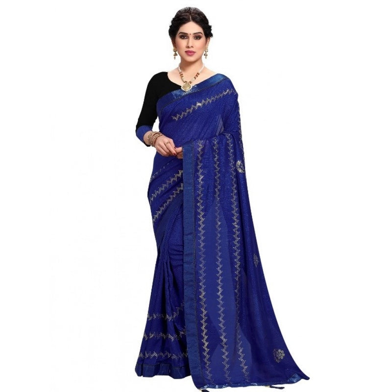 Mayawye Women's Vichitra Silk HotFix Stone Work Saree With Blouse (Blue, 5-6 Mtrs)