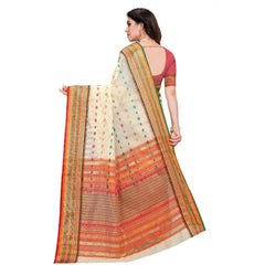 Mayawye Women's Kota Doria Cotton Woven Butta Saree With Blouse (Cream, 5-6 Mtrs)