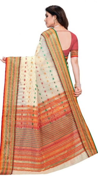 Mayawye Women's Kota Doria Cotton Woven Butta Saree With Blouse (Cream, 5-6 Mtrs)