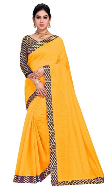 Mayawye Women's Chanderi Cotton Lace Border Saree With Blouse (Gold, 5-6 Mtrs)