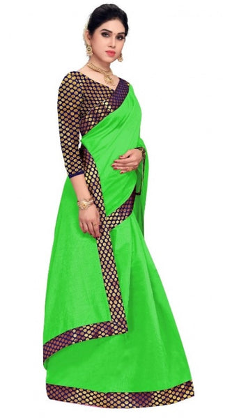 Mayawye Women's Chanderi Cotton Lace Border Saree With Blouse (Green, 5-6 Mtrs)