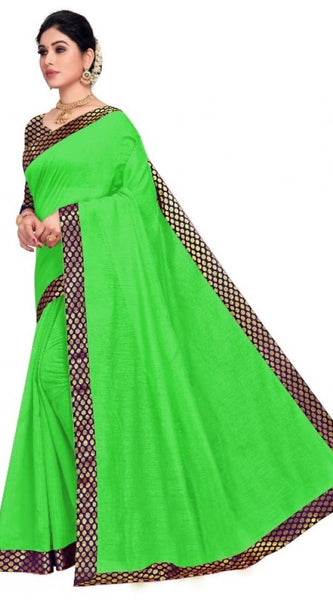 Mayawye Women's Chanderi Cotton Lace Border Saree With Blouse (Green, 5-6 Mtrs)