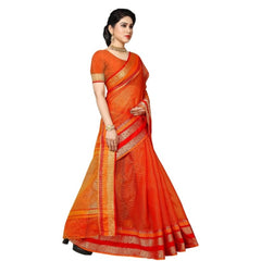 Mayawye Women's Kota Doria Cotton Border Saree With Blouse (Orange, 5-6 Mtrs)