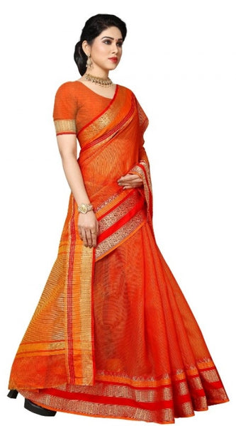 Mayawye Women's Kota Doria Cotton Border Saree With Blouse (Orange, 5-6 Mtrs)