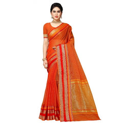 Mayawye Women's Kota Doria Cotton Border Saree With Blouse (Orange, 5-6 Mtrs)