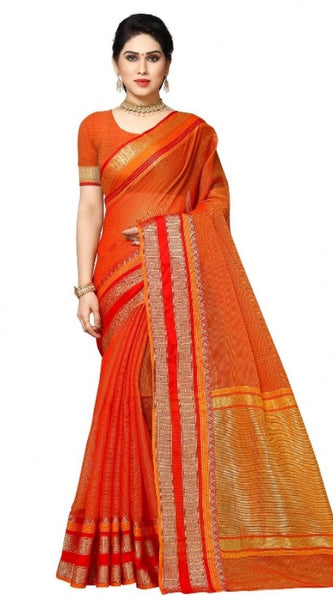 Mayawye Women's Kota Doria Cotton Border Saree With Blouse (Orange, 5-6 Mtrs)