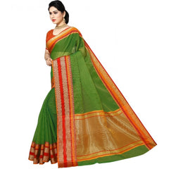 Mayawye Women's Kota Doria Cotton Border Saree With Blouse (Green, 5-6 Mtrs)
