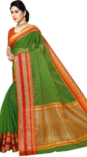 Mayawye Women's Kota Doria Cotton Border Saree With Blouse (Green, 5-6 Mtrs)