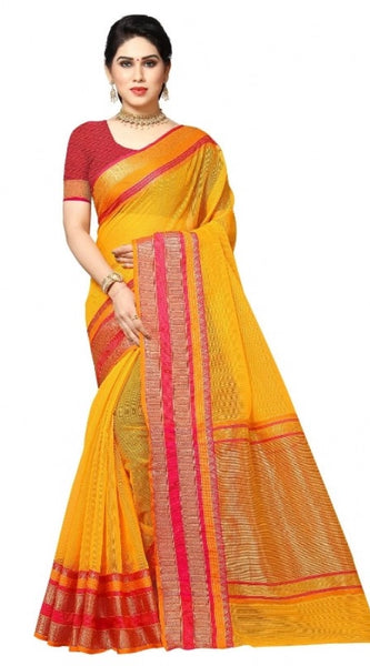 Mayawye Women's Kota Doria Cotton Border Saree With Blouse (Gold, 5-6 Mtrs)