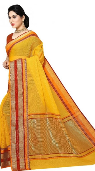 Mayawye Women's Kota Doria Cotton Border Saree With Blouse (Yellow, 5-6 Mtrs)