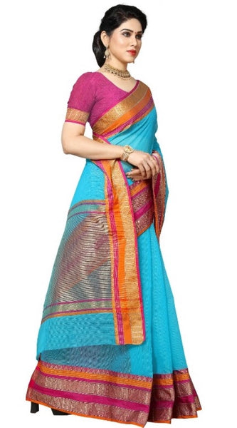 Mayawye Women's Kota Doria Cotton Border Saree With Blouse (Sky Blue, 5-6 Mtrs)