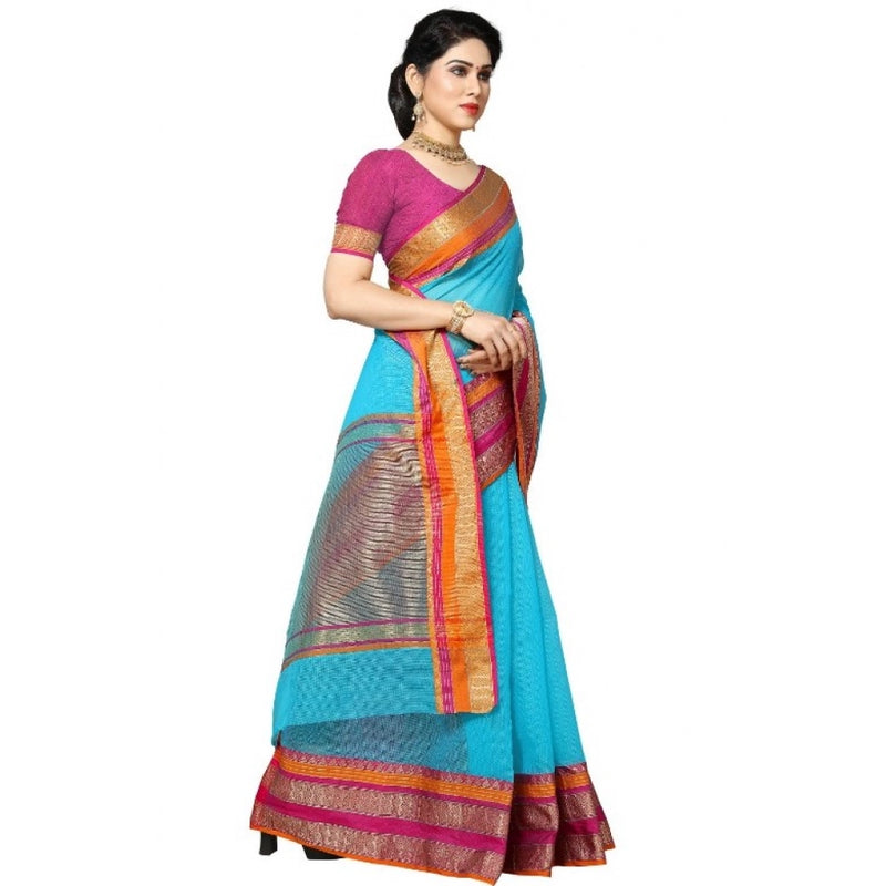 Mayawye Women's Kota Doria Cotton Border Saree With Blouse (Sky Blue, 5-6 Mtrs)