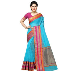 Mayawye Women's Kota Doria Cotton Border Saree With Blouse (Sky Blue, 5-6 Mtrs)