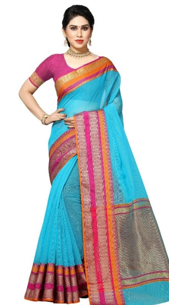 Mayawye Women's Kota Doria Cotton Border Saree With Blouse (Sky Blue, 5-6 Mtrs)