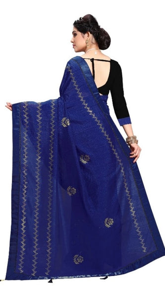 Mayawye Women's Vichitra Silk HotFix Stone Work Saree With Blouse (Blue, 5-6 Mtrs)