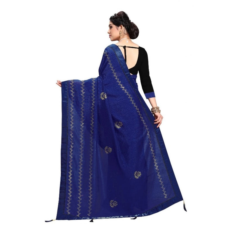 Mayawye Women's Vichitra Silk HotFix Stone Work Saree With Blouse (Blue, 5-6 Mtrs)